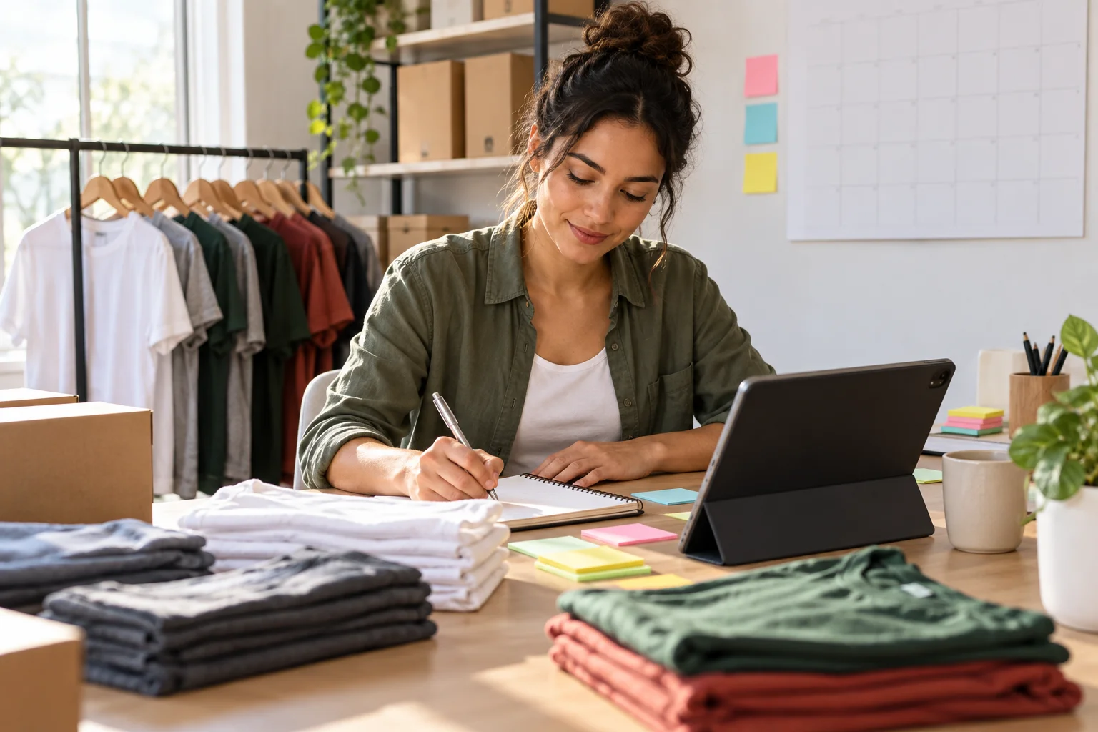 A business owner planning a campaign with a tablet, calendar and colorful notes.