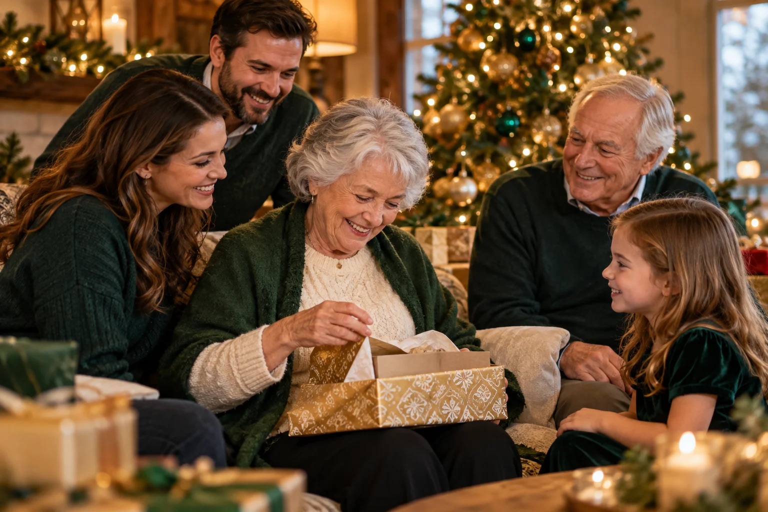 Family members watching an older woman open a gift beside a Christmas tree.