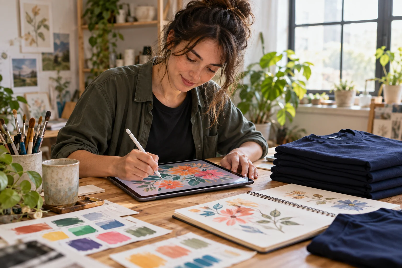 An artist working on a colorful drawing at a studio desk beside sketchbooks and folded shirts.