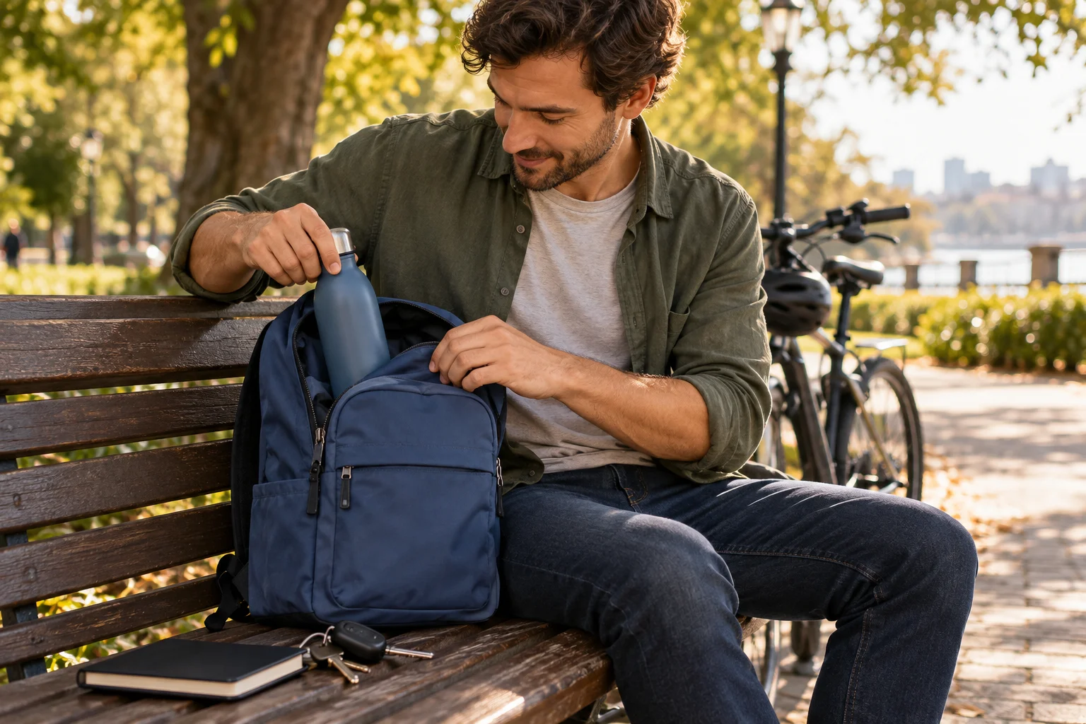 A commuter organizing a backpack, keys and water bottle on a park bench.