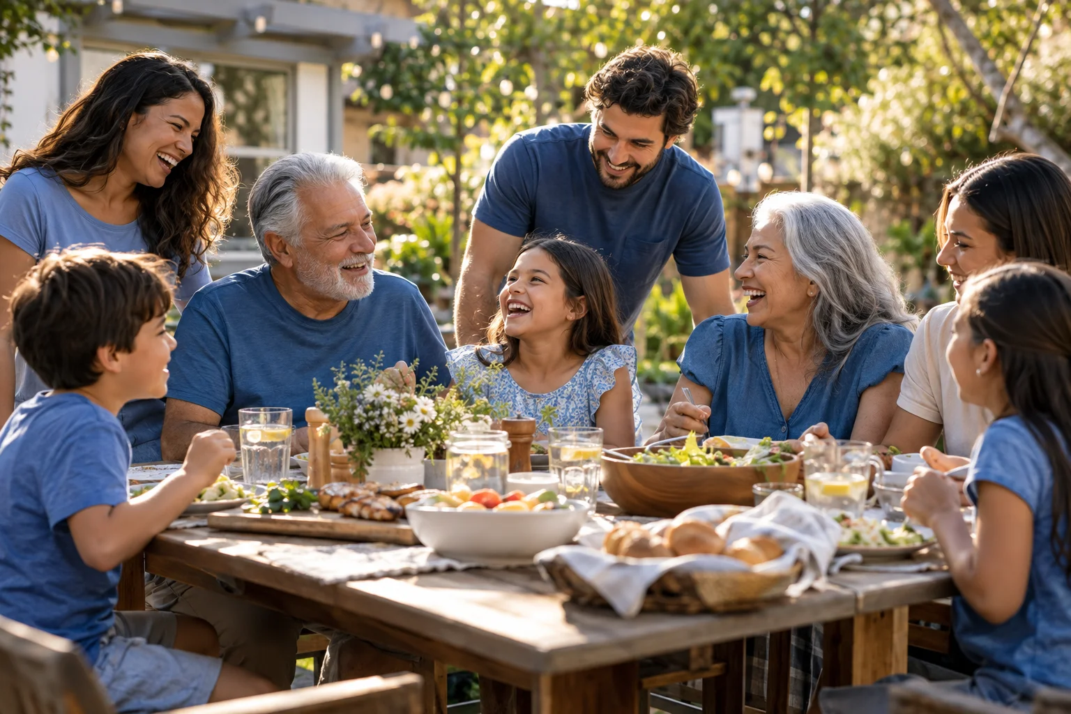 Several generations of a family sharing a meal at a sunny backyard picnic.