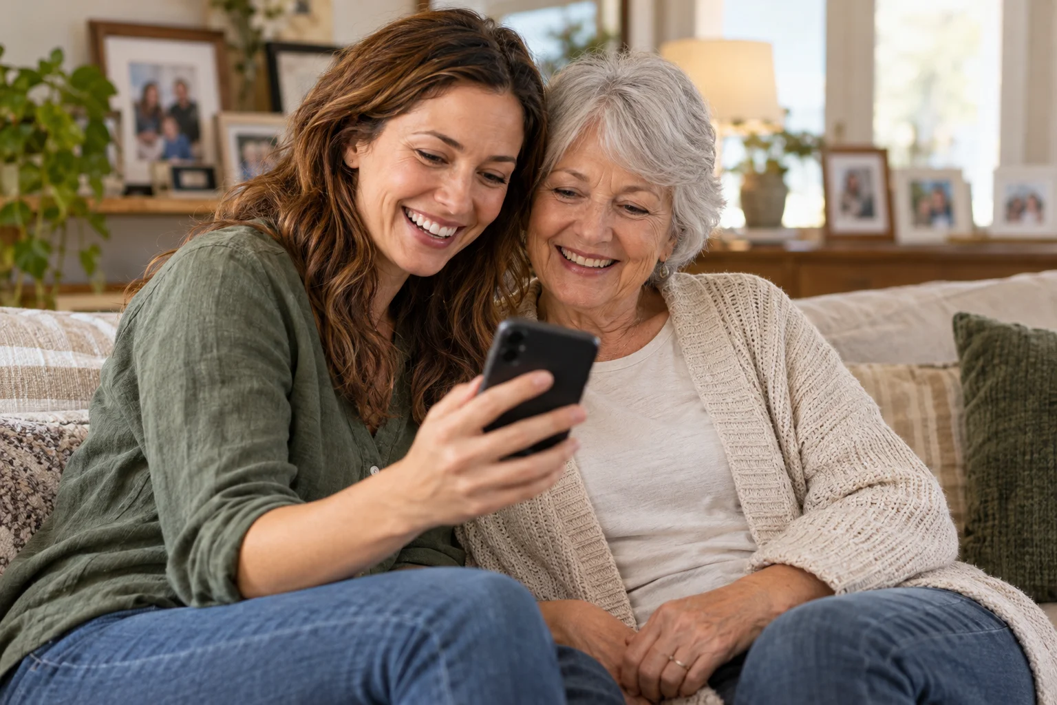 Two women from different generations smiling at a smartphone together on a sofa.