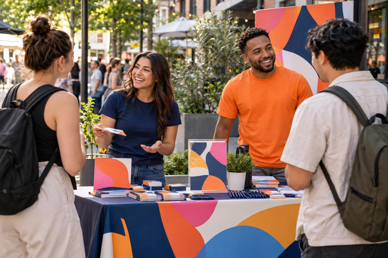Two street-team ambassadors talking with visitors at a colorful outdoor pop-up.