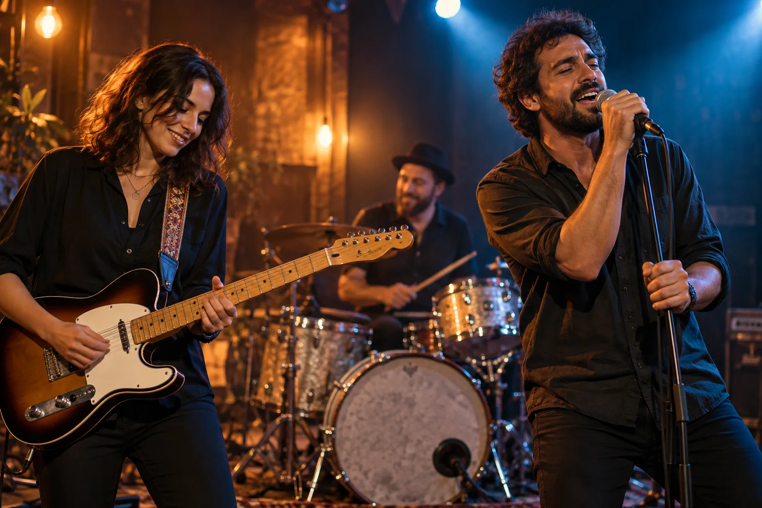 Musicians performing together under warm and blue stage lights at an intimate live show.