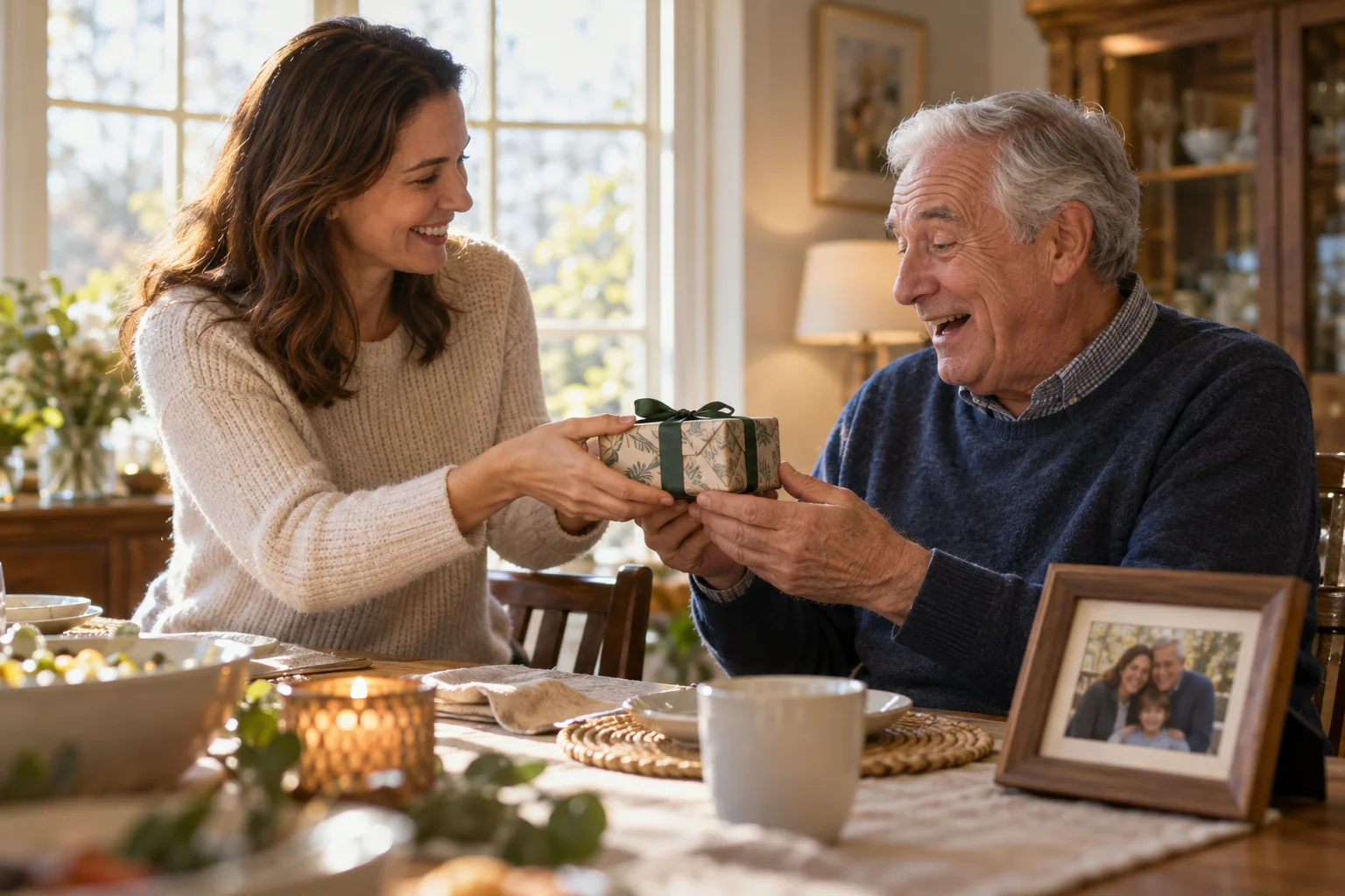 A woman giving a wrapped personal gift to an older man beside a family photograph.