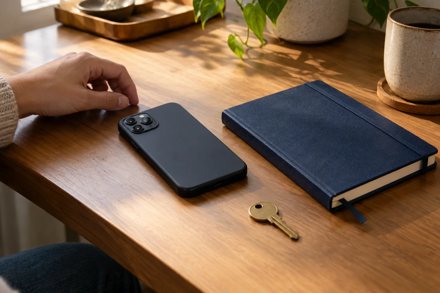 A face-down smartphone, closed navy notebook and brass key on a wooden desk.